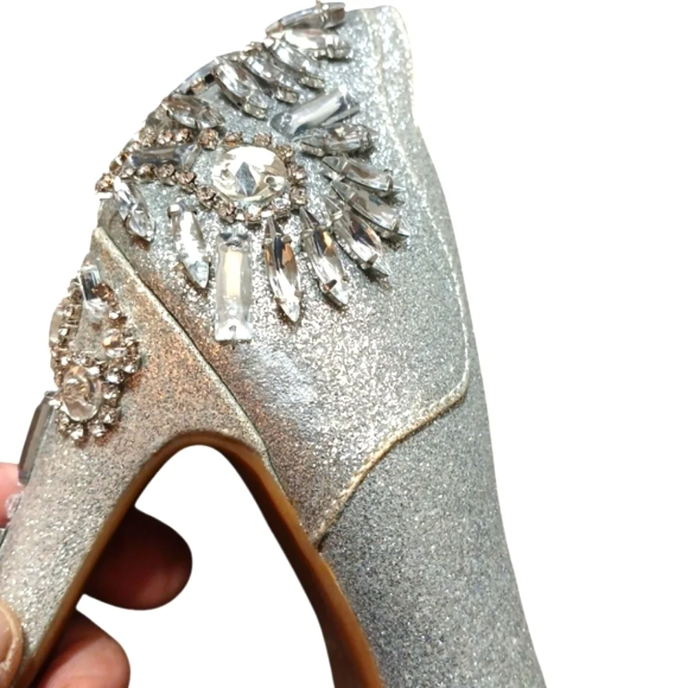 Gianni Bini Silver Glitter Gemstone Open Toe Platform Heels size 7